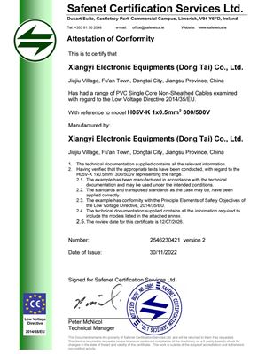 CE 证书2546230421 - 翔宜电子PVC Single Core Non Sheathed Cable L.pdf-img-0-0